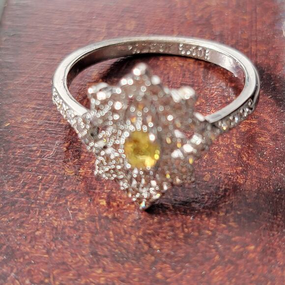 Ornate Rhodium-Plated Size 9 Ring with Yellow Gemstone and Intricate Detailing - Picture 14 of 15